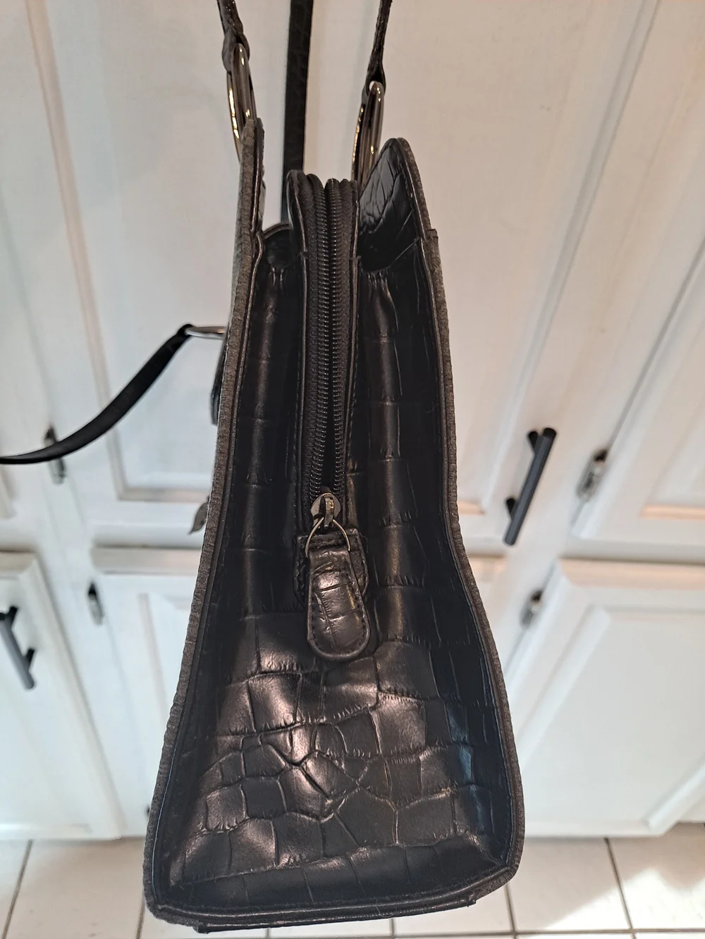 Dana B + Karen Gray Fabric Black Leather Trim Functional Modern Shoulder Bag